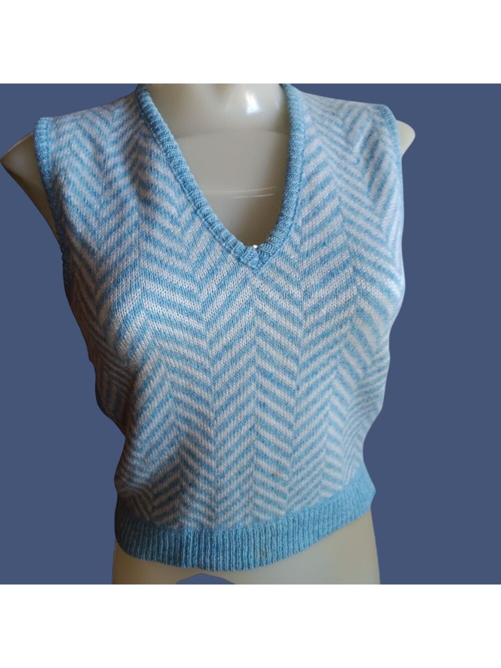 Small Vintage Top Sweater Vest Chevron JC Penney Sleeveless Knit Blue/White 80s